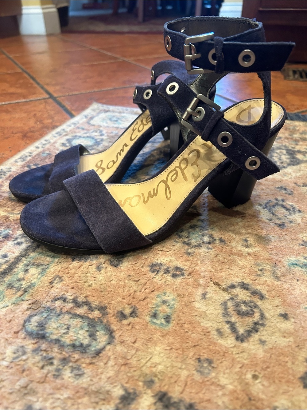 Sam Edelman Navy Suede Grommet Ankle-Strap Block Heel Sandals